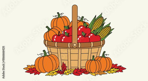 Wicker basket filled with autumn harvest vegetables and pumpkins.