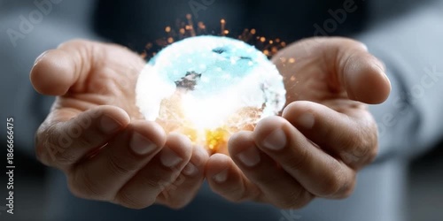 Global vision: A pair of hands tenderly cradle a glowing orb of the world, symbolizing interconnectedness, innovation, and global awareness. Representing ideas, networks, and communication.