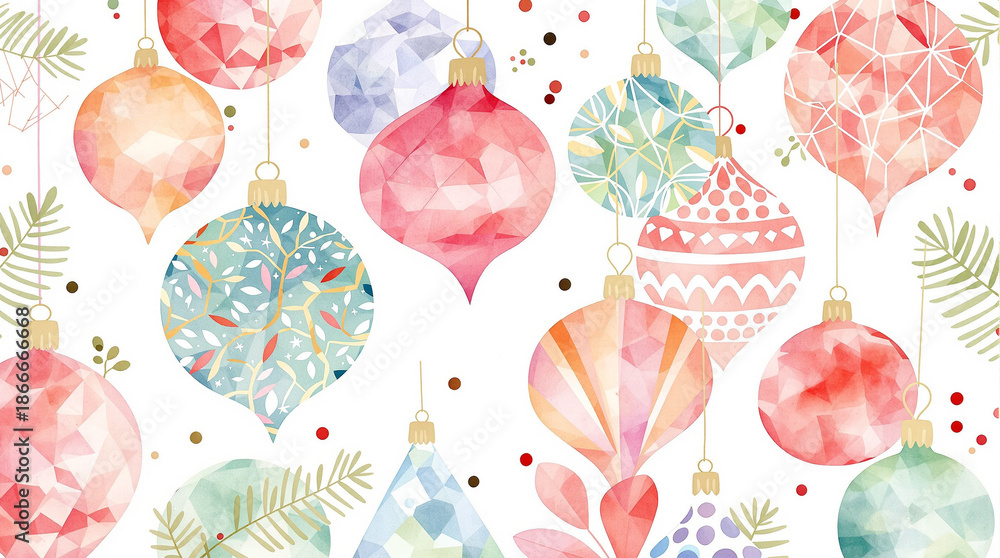 Fototapeta premium Flat watercolor illustration of Christmas ornaments in abstract form, pastel festive 