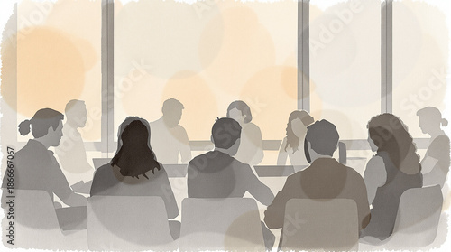 Flat watercolor illustration of people working together, simplified silhouettes,