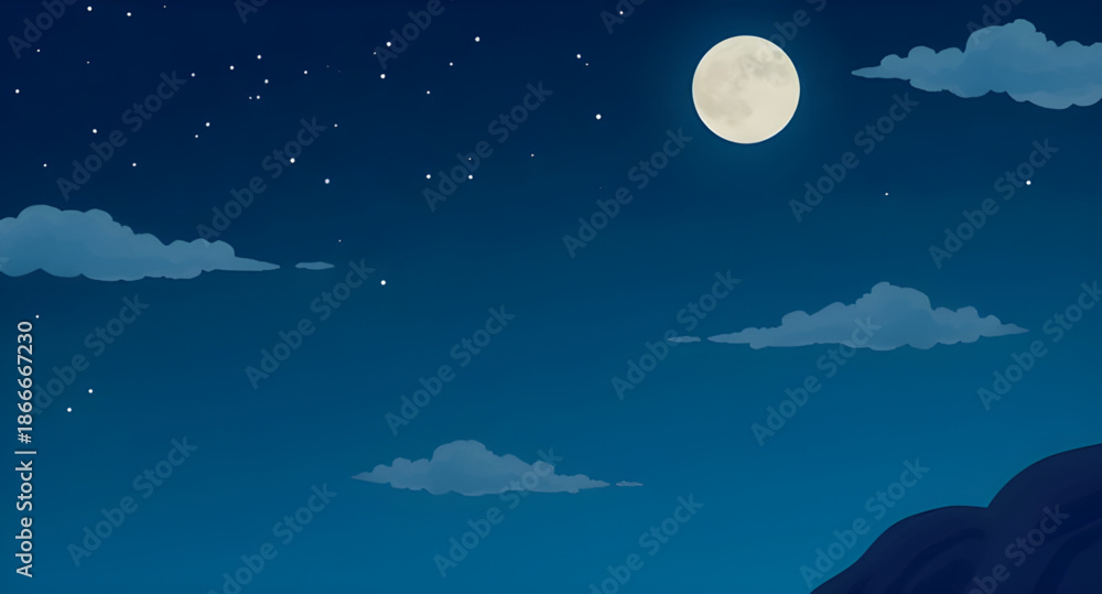 Fototapeta premium moon, night, cartoon, background, sky, stars, moonshine, dark, nighttime, fantasy, dreamy, cute, illustration, vector, flatdesign, simple, playful, kids, fairy, fairytale, magic, celestial, space, gal