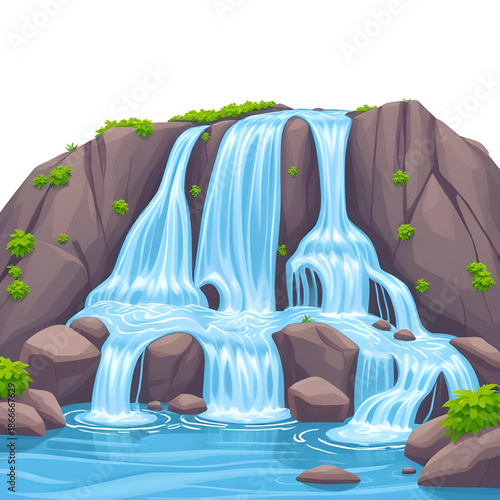 waterfall, cartoon, water, nature, landscape, river, stream, cascade, flowing, splash, fresh, clean, blue, aqua, motion, falling, stone, cliffside, hill, forest, trees, plants, natural, outdoor, scene