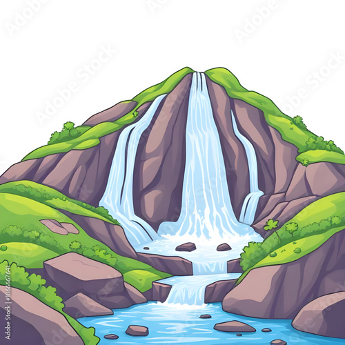 waterfall, cartoon, water, nature, landscape, river, stream, cascade, flowing, splash, fresh, clean, blue, aqua, motion, falling, stone, cliffside, hill, forest, trees, plants, natural, outdoor, scene