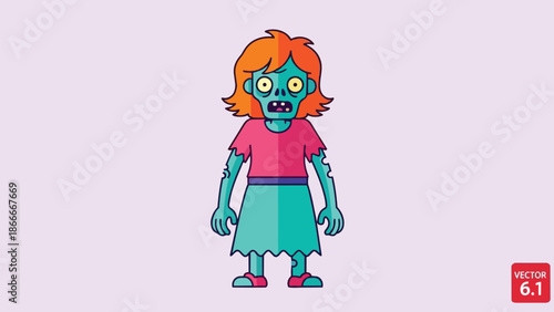 Cartoon Zombie Girl with Orange Hair and Green Skin.