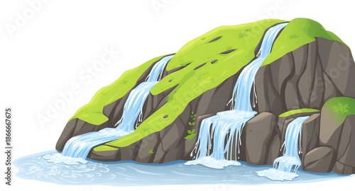 waterfall, cartoon, water, nature, landscape, river, stream, cascade, flowing, splash, fresh, clean, blue, aqua, motion, falling, rock, cliff, mountain, forest, trees, greenery, natural, outdoor, scen