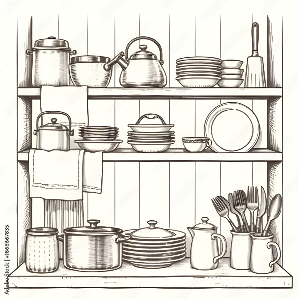 Φωτογραφία kitchen, appliances, set, drawing, illustration, equipment, tools, cookware, ele