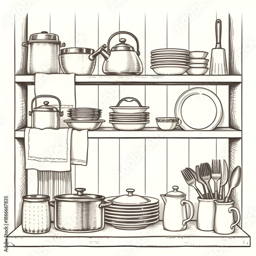 Картината върху платно kitchen, appliances, set, drawing, illustration, equipment, tools, cookware, ele