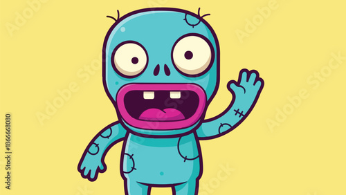 Cartoon Zombie Character Waving Hand with Rotting Flesh.