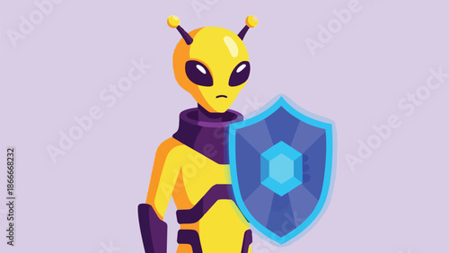 Cartoon Alien Warrior with Shield Ready for Battle.