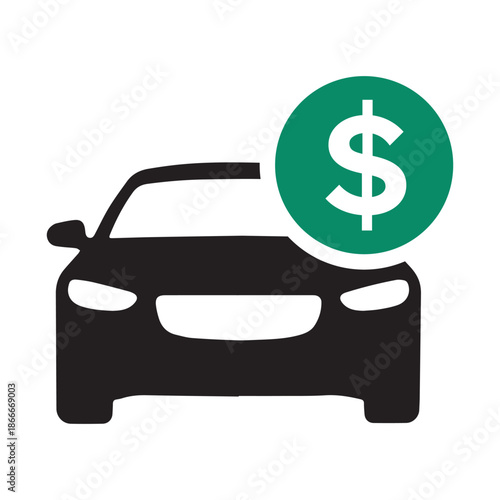 Professional Car Parking Payment Icon - Black Vehicle Silhouette with Green Dollar Currency Symbol Vector