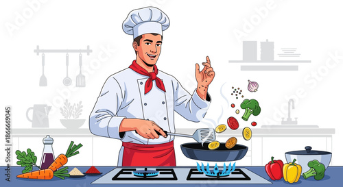 Chef Cooking Vegetables in a Kitchen.