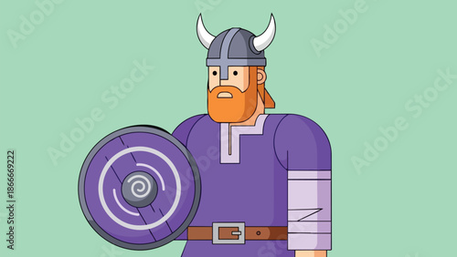 Cartoon Viking Warrior with Shield and Horned Helmet Illustration.