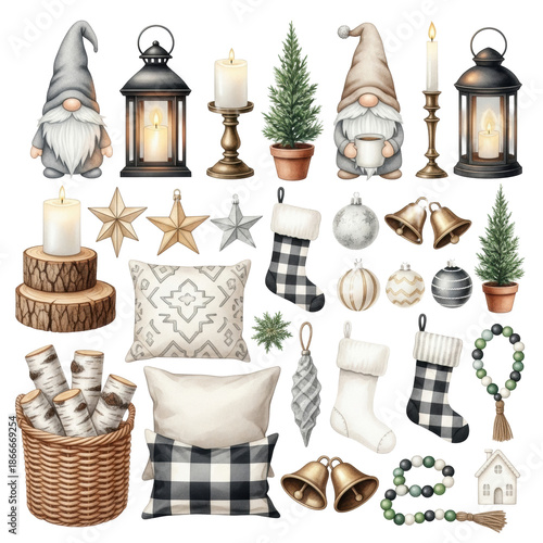 Meticulous watercolor flat lay of rustic christmas decorations: charming gnomes, brass bells, plaid pillows, and candles, isolated on transparent, concept of charming rustic holiday design