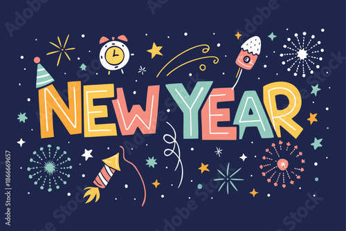 A fun and lively New Year logo featuring chunky colorful letters and festive elements, perfect for kids' celebrations and party decorations.