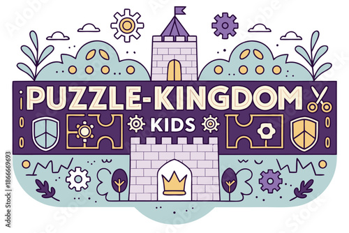 A vibrant kids puzzle kingdom logo featuring a castle and chunky letters, perfect for educational and fun puzzle games for children.