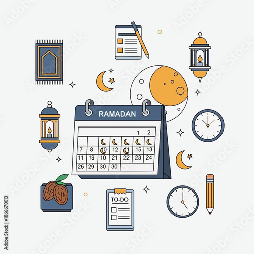 Ramadan Calendar with Islamic Symbols: Prayer Mat, Lanterns, Dates, Moon, Clock