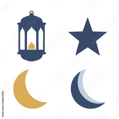 Ramadan Islamic Symbols: Lantern, Star, Moon Crescents - Flat Design