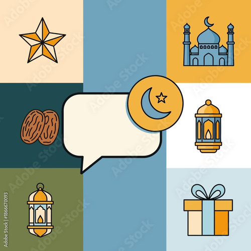 Ramadan Kareem flat design icons: mosque, star, dates, lantern, gift, moon
