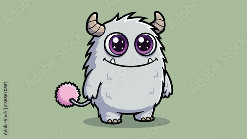 Adorable White Monster with Horns and Big Eyes Cartoon Illustration.