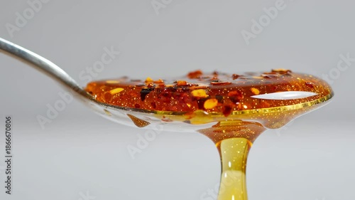 Hot honey dripping from spoon with chili flakes on grey background  