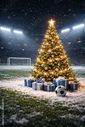 Festive Christmas Tree and Gifts on Snowy Football Field