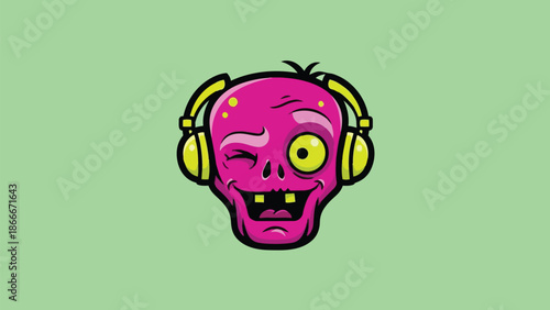 Cartoon Zombie Head with Headphones Listening to Music.