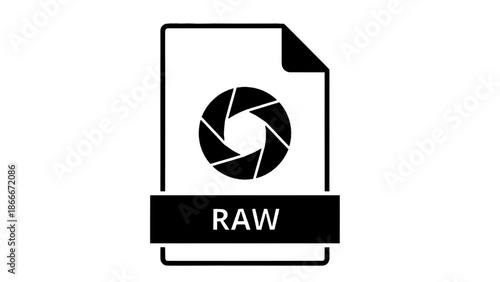 Vector illustration of a raw image file icon with a camera aperture symbol, on transparent background