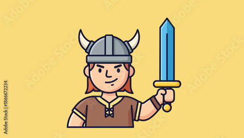 Cartoon Viking Warrior with Sword and Horned Helmet Illustration.