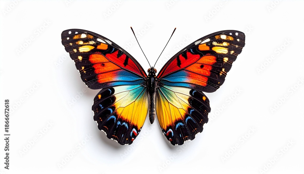 Obraz premium Beautiful colorful butterfly centered on white, ideal for nature websites, educational materials, greeting cards, and springthemed designs. Vibrant and eyecatching.