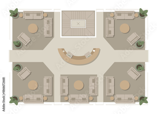 Modern office layout with meeting spaces and workstations