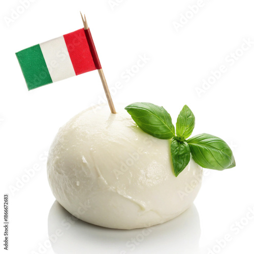 Mozzarella ball with Italian flag toothpick and fresh basil leaves on a sleek black background
