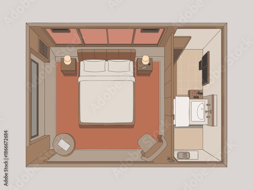 Cozy hotel room interior with bathroom and modern amenities