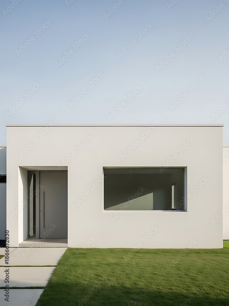 Fototapeta premium Minimalist Home Exterior Showing Door, Window, Grass and Blue Sky View
