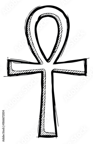 Hand drawn line art illustration of an ankh symbol depicting an ancient egyptian symbol for spirituality