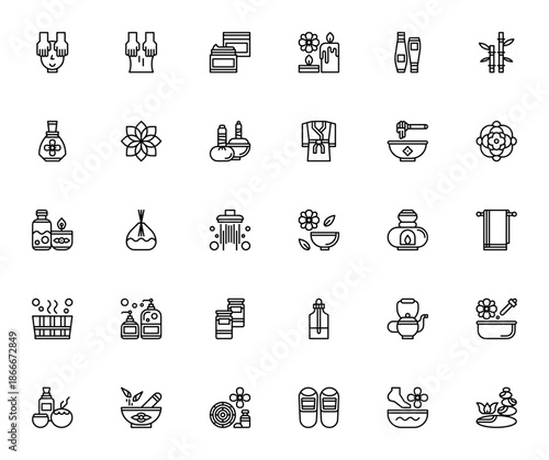 Spa elements icon set. Minimal line vector icons pack. Includes symbols for massage, lotion, oil, bath, blossom, herbs, spa, perfume and more. Editable stroke.
