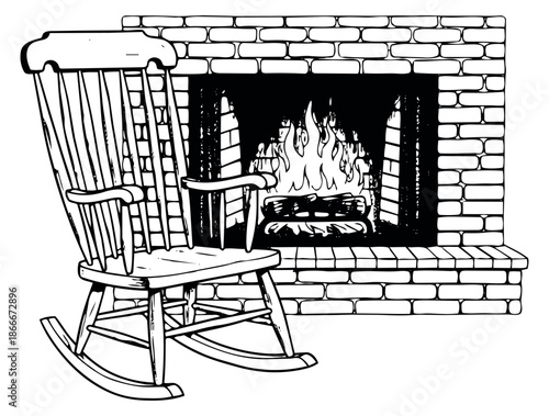 Hand drawn illustration of a rocking chair and fireplace depicting a cozy scene for home decor
