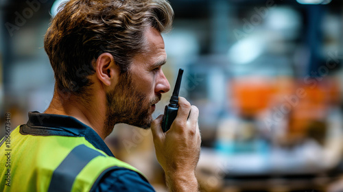 Wallpaper Mural Industrial supervisor using a walkie-talkie, face obscured, factory blurred, with copy space Torontodigital.ca