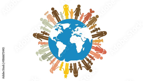 Diverse People Standing Around Globe Illustration.