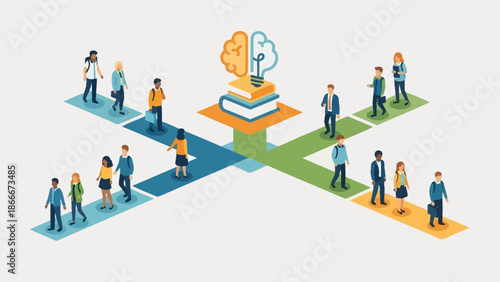 Diverse People Standing on Colored Paths.