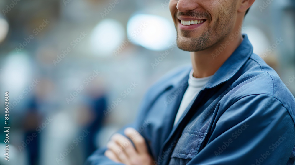 Fototapeta premium Industrial worker smiling implied through posture, faceless, factory blur, with copy space
