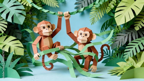 Two paper monkeys in tropical leaves, 3D applique. Creative and bright composition for children’s projects and decor