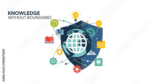 Globe Icon with Knowledge Symbols Surrounding.