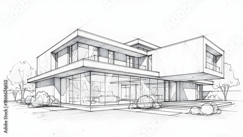 Modern luxury residence architectural sketch with stacked volumes and full-width glazing