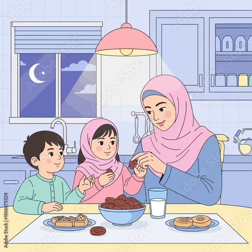 Muslim Family Enjoying Dates and Milk at Night During Ramadan