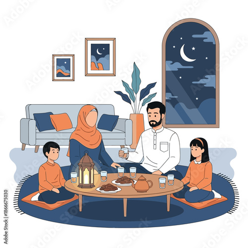 Muslim Family Enjoying Iftar Meal Together at Home, Ramadan Celebration