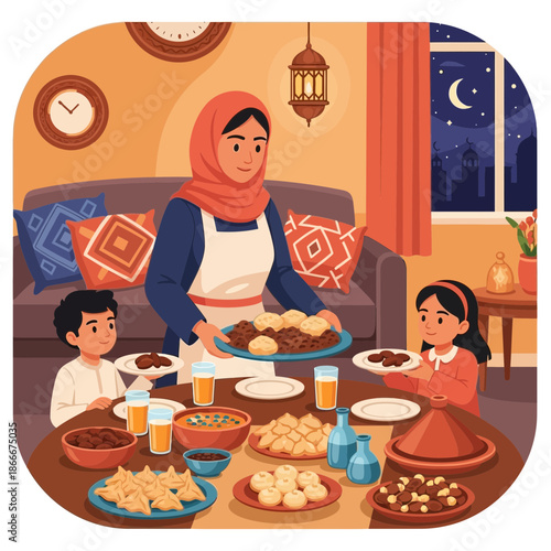 Muslim Family Enjoying Iftar Meal Together at Home