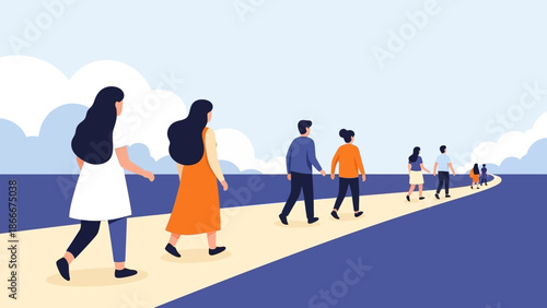 Group of People Walking Together on Path.