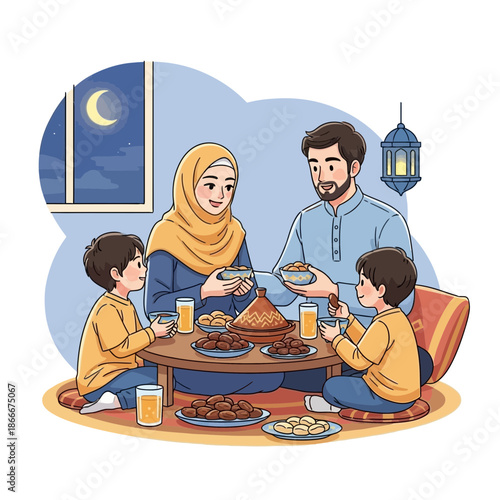 Muslim Family Iftar Meal Gathering Together at Home