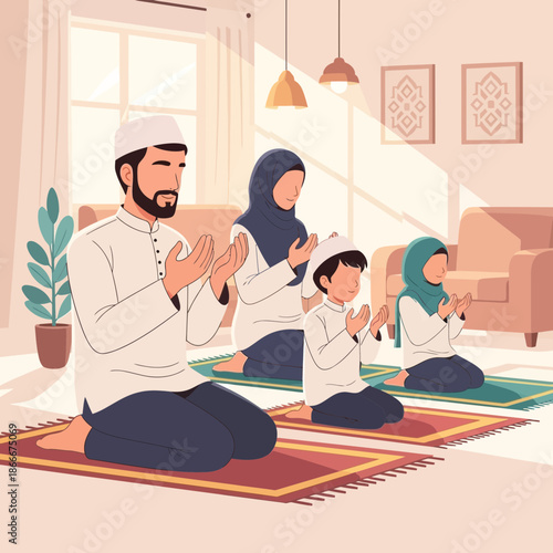 Muslim Family Praying Together at Home, Islamic Devotion and Family Bonding
