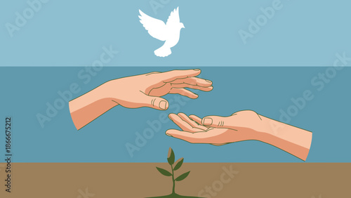 Hands Releasing Dove with Small Plant.
